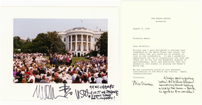 1999 Bill Clinton Signed Official White House Congratulatory Letter Dated Aug 5, 1999 to Michelle Akers on World Cup Victory with Original Envelope and Team 8x10 Photo Signed (JSA & Akers LOA)